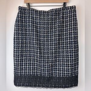 ANN TAYLOR Black, White & Blue Woven Tweed Pencil Skirt Lace Hem NWT | Size 14